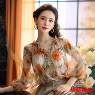 風(fēng)曉薇春款女裝洋氣減齡小香風(fēng)感木耳邊泡泡袖印花雪紡襯衫上衣 圖片色-外穿女襯衫-夏季女襯衫 M -外穿女襯衫-夏季女襯衫