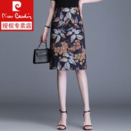 皮爾卡丹（pierre cardin）印花半身裙女包臀裙2023春夏新款高腰開叉中長款直筒短裙碎花一步 黑底印花072 L