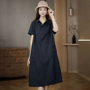 冰洋紅棉麻連衣裙女夏季2025新款寬松遮肚子襯衫裙休閑氣質(zhì)媽媽裝大碼裙 藏青色 2XL 建議125-140斤