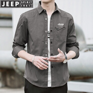 JEEP SPIRIT吉普襯衫男長袖襯衣男士工裝秋冬款休閑寬松薄外套百搭翻領上衣 軍灰色 XL (125-140斤)
