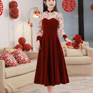 淺雖紅（QIANSUIHONG）2025新款長(cháng)袖訂婚改良旗袍蕾絲晚禮服裙女感高端XFL 酒紅立領(lǐng)長(cháng)袖中長(cháng)款 XS