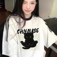 妙奕嘉短袖t恤女新款潮流夏季衣服女裝純棉寬松半袖高顏值上衣長款遮臀 黑貓印花短袖【米灰色】 M 【建議110斤內(nèi)】