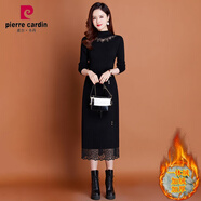 皮爾卡丹（pierre cardin）配大I衣的內搭針織連衣裙女秋冬新款中長(cháng)款過(guò)膝蕾絲打底加絨毛衣 黑色加絨加厚 2XL 建議130-145斤