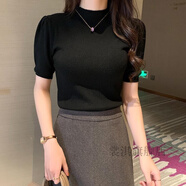 裳淇高領(lǐng)毛衣半袖毛衫女中袖短袖針織衫夏季韓版半t恤衫修身外穿打底 黑色 L 建議100-110斤