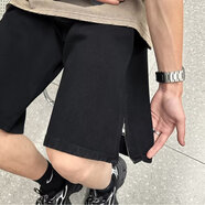 衣然呈品夏季破洞牛仔褲男美式高街側(cè)開拉鏈水洗做舊修身潮牌直筒長(zhǎng)褲子男 開叉短款黑色 M【建議90-100斤】