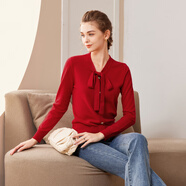 經(jīng)典故事（JANE STORY）經(jīng)典故事系帶領(lǐng)長(cháng)袖針織衫女裝秋季新款通勤內搭打底衫純色上衣 大紅 XL