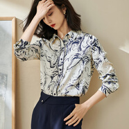 米思陽(yáng)（missshine）2025夏季女士襯衣水墨畫(huà)印花通勤職業(yè)上衣新款長(cháng)袖襯衫0869 米杏色現貨直發(fā) XL