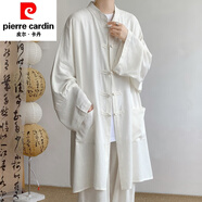 皮爾卡丹夏季長款防曬外套漢服男裝長衫居士服道袍長袍亞麻禪意素衣套裝 白色長款亞麻道袍 M (約95至115斤可穿)