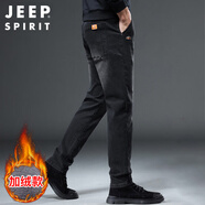 JEEP SPIRIT吉普牛仔褲男修身秋季韓版褲子男士微彈小腳褲 黑色加絨 34