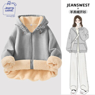 JEANSWEST CLUB真維斯外套女羊羔絨連帽衛(wèi)衣加絨加厚保暖開(kāi)衫2024冬季棉服上衣