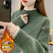 啄木鳥加絨加厚毛衣女秋冬季新款寬松洋氣半高領(lǐng)針織打底衫保暖上衣女 軍綠色【加絨加厚】 L 建議110-120斤