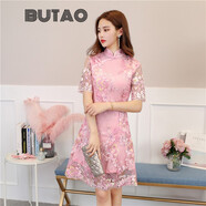 BUTAO女裝改良旗袍女連衣裙新款夏顯瘦中長復(fù)古蕾絲中國風(fēng)禮服 短/款-繡牡丹粉色 XL