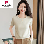 皮爾卡丹（pierre cardin）冰絲短袖t恤女修身2024新款夏薄款針織衫小個(gè)子漂亮氣質(zhì)短款上衣 杏色 焦糖邊 L 建議103-114斤穿