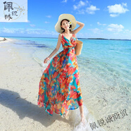 糜嵐沙灘裙女海邊度假長(cháng)裙顯瘦連衣裙2025新款夏女裝雪紡吊帶碎花沙灘 裙子+抹胸 S （建議80-90）