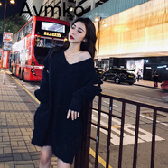 Avmko秋冬女設(shè)計(jì)感小眾中長(zhǎng)款寬松V領(lǐng)破洞慵懶風(fēng)毛衣外穿針織衫上衣 寶藍(lán)色  均碼