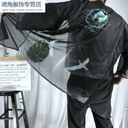 格瑞擇中式唐裝改良漢服中國(guó)風(fēng)男裝居男士披風(fēng)外套民族風(fēng)古裝夏長(zhǎng)袍衫 透視黑色云龍 均碼