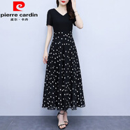 皮爾卡丹（pierre cardin）廣州十三行女裝連衣裙2025夏季新款大.碼收腰顯瘦雪紡波點長裙 黑色波點 XL 【117-128斤】