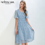 未風(fēng)流行夏天新款雪紡裙子藍(lán)色v領(lǐng)小碎花裙仙女裙連衣裙女夏 藍(lán)色 S