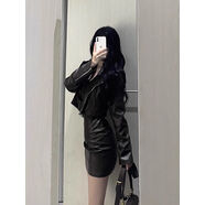 壹號鳳皮衣短外套女兩件套秋冬季高級感夾克機車(chē)辣妹吊帶連衣裙套裝 主圖款 S