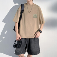 芊旻夏季新款短袖t恤男潮流寬松運(yùn)動半袖體恤男休閑帥氣T恤上衣服 卡其色 M