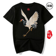 VENSUP短袖t恤男裝夏季中國(guó)風(fēng)醒獅刺繡純棉情侶寬松上衣服男士國(guó)潮T恤衫 858仙鶴黑色 2XL(建議160-175斤)