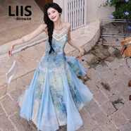 LIIS海外高端品牌超仙夏季海邊度假風(fēng)連衣裙2025新款復(fù)古名族風(fēng)吊帶扎 藍色 M