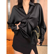 米詩(shī)德高檔緞面襯衫女醋酸黑色襯衣內搭春季高級感輕奢顯瘦上衣 黑色襯衫 S