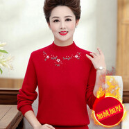 春海棠依人中老年女裝秋冬季長(cháng)袖寬松大碼冬季羊毛繡花加絨加厚毛衣針織衫 22繡花#加絨大紅 2XL/120(131-145斤）