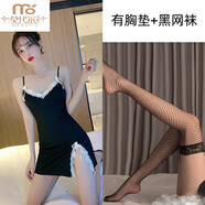 莫代爾2025新款時(shí)尚開(kāi)叉性感v領(lǐng)拼接蕾絲包臀無(wú)袖連衣裙吊帶睡裙女 黑色有胸墊+黑網(wǎng)襪 S碼（建議80-90斤）