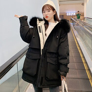 歌蜜奴 羽絨服女中長款春秋裝女新款派克服女裝寬松bf工裝長袖面包服女士冬季外套 黑色 XS(70-80斤)