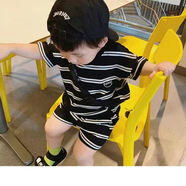 兒童短袖套裝純棉寶寶T恤男童女童半袖短褲夏季嬰兒衣服夏裝0-5歲 大條套裝黑 90