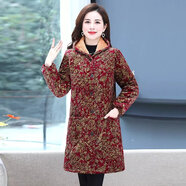君芳雅  媽媽秋冬裝棉衣女加絨加厚棉服加中老年女裝中長(cháng)款棉襖外套 紅色發(fā)財樹(shù) XL 建議90-115斤