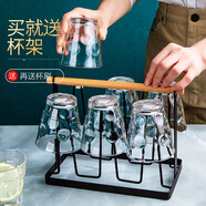 普瑞凱特玻璃水杯套裝家用創(chuàng)意日式小清新茶杯果汁杯喝水杯子 水珠杯6只裝280ML+杯架+杯刷