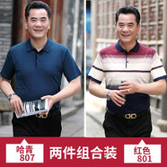 啄木鳥短袖T恤男 爸爸夏裝中年冰絲薄款中老年人男裝爺爺翻領(lǐng)寬松t恤 807哈青+801紅色 M /165
