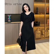 Otto ortee輕奢潮流夏季新款女裝連衣裙長(zhǎng)裙連身裙氣質(zhì)開叉裙子小個(gè)子顯瘦衣 黑色 M