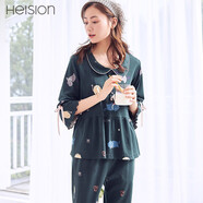 海之寧 睡衣女夏季薄款純棉春時尚性感七分袖家居服套裝套頭翻領花邊款潮流可外穿 H81QWJT002墨綠貓咪 L碼