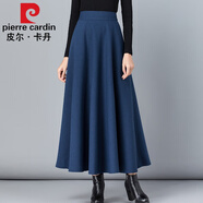 皮爾卡丹高檔品牌女裝2022秋冬毛呢格子半身裙女百搭高腰A字裙中長款加厚顯瘦長裙 深藍(lán)色 L