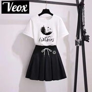 VEOX套裝女兩件套2025年新款裙子學(xué)生韓版夏季時(shí)尚印花套裝短裙+T恤女 白色羽毛上衣+黑色裙子_ S