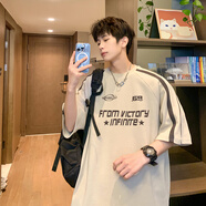 OEMG 美式復古短袖t恤男夏季新款潮流牌青少年五分袖上衣服寬松休閑衫 DSA456-T568杏色 XL [建議125-140斤]