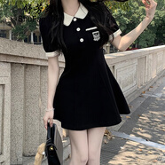 舒芳蝶（shufangdie）學(xué)院風(fēng)甜美polo連衣裙夏季女小個(gè)子裙子收腰修身顯瘦黑色氣質(zhì)短裙 黑色 L
