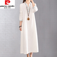 皮爾卡丹（pierre cardin）意大利尾單女V領(lǐng)盤(pán)扣亞麻刺繡袍子棉麻連衣裙春 白色(少量現貨) 2XL 建議150-175斤