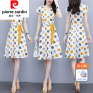 皮爾卡丹（pierre cardin）女裝2022夏新款胖年輕女士時尚氣質(zhì)收腰顯瘦波點綁帶中長款連 圖片色 XL (120-138斤)