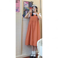 纖晟伊背帶裙兩女單夏季新款韓版小清新短袖碎花上衣兩裝潮 白色上衣+橘黃色背帶裙【套裝】 S 建議75-88斤