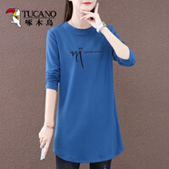 啄木鳥(niǎo)（TUCANO）200斤棉質(zhì)大i碼中長(cháng)款長(cháng)袖t恤女寬松打底衫女春秋新款休閑體恤上 藍色 高彈棉質(zhì) XL  建議120-135斤