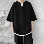 主意范（ZHUYIFAN）短袖T恤男8XL-M 特大碼短袖男假兩件五分袖高品質(zhì)空氣層寬松上衣 黑色 XL
