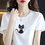 SXA香港潮牌短袖t恤女絲光棉2025夏季新款燙鉆印花T恤百搭打底上衣 白色貓立體鉆 XL
