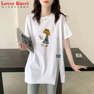 LOVER RUCCI純棉白色遮臀長款t恤女中長款短袖遮屁股寬松長t開叉配鯊魚褲上衣 白色開叉--黃帽女孩 L 115-135斤