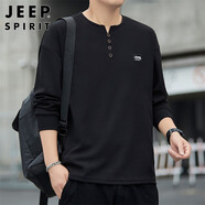 JEEP SPIRIT吉普長袖T恤男春秋季純色四粒扣打底衫上衣服男裝 黑色 XL 
