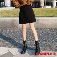 口旋新款百搭a字半身裙子秋冬款女復(fù)古格子高腰顯瘦包臀裙毛呢短裙 黑色+純色 2XL +125-135