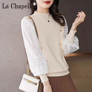 拉夏貝爾（La Chapelle）感拼接小香風(fēng)針織衫女春季半高領(lǐng)打底毛衣氣質(zhì)燈籠袖上衣 純100自動(dòng)發(fā)熱米白色 純100自動(dòng)發(fā)熱2XL 建議130-140斤